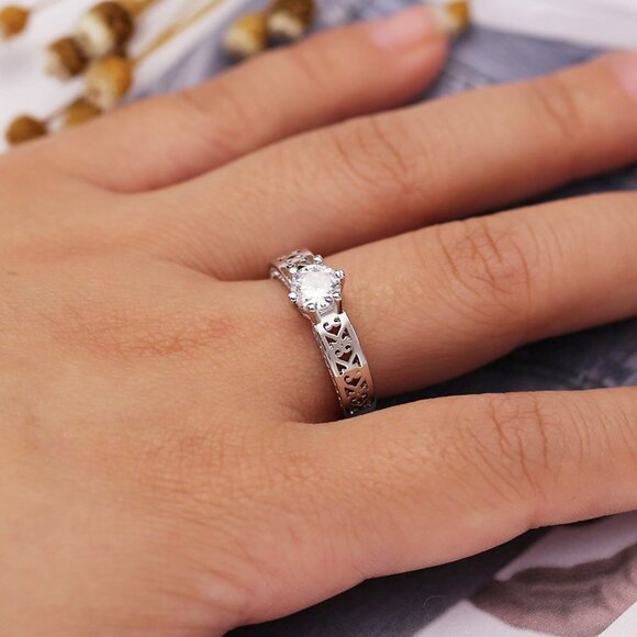 🍁 Diamond Anillo Flower Carved CZ Filled Silver Vintage Ring for Women, VIP582 - Picture 6 of 7